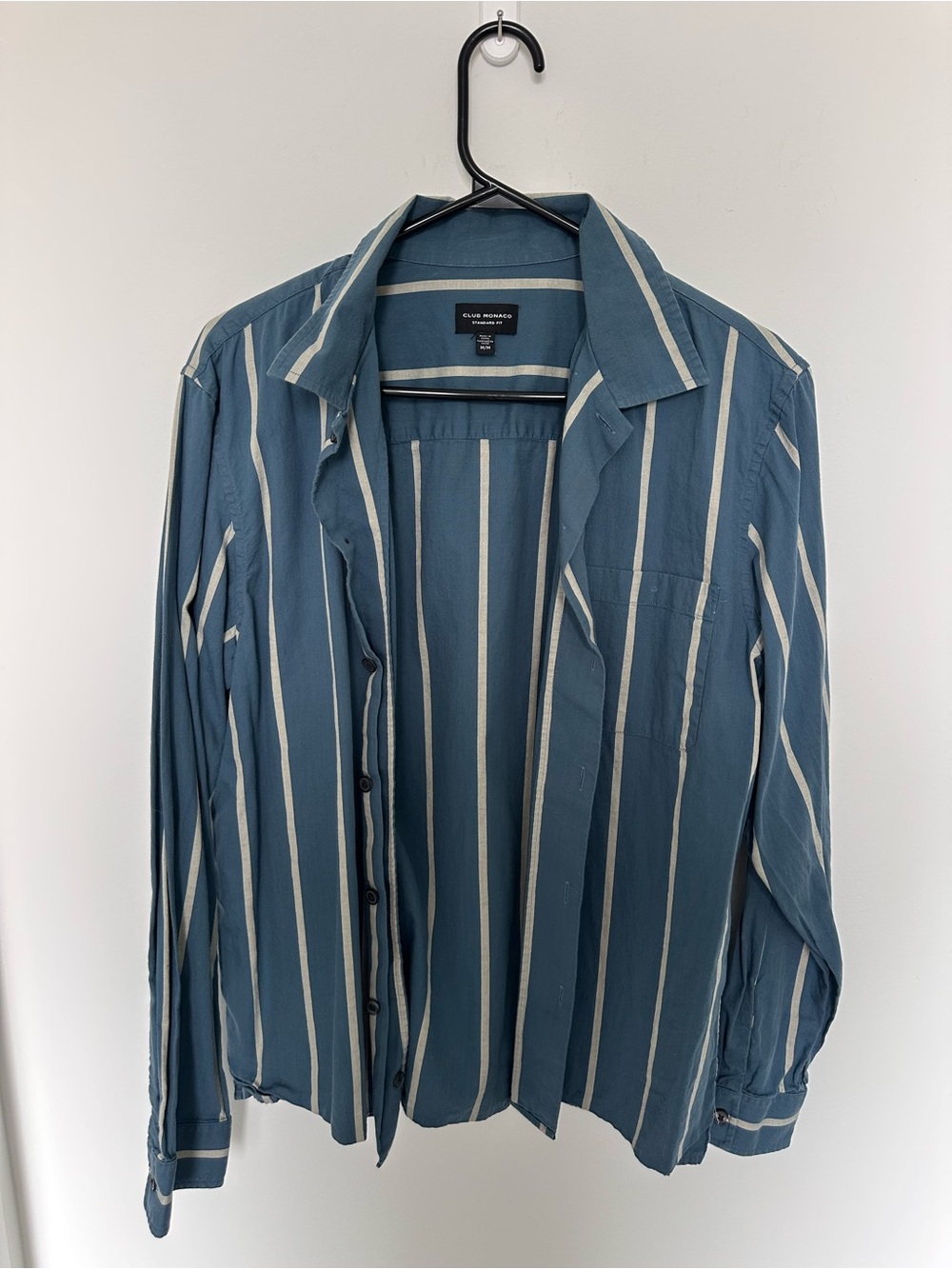 Club Monaco Blue and White Vertical Stripe Button-Down Shirt